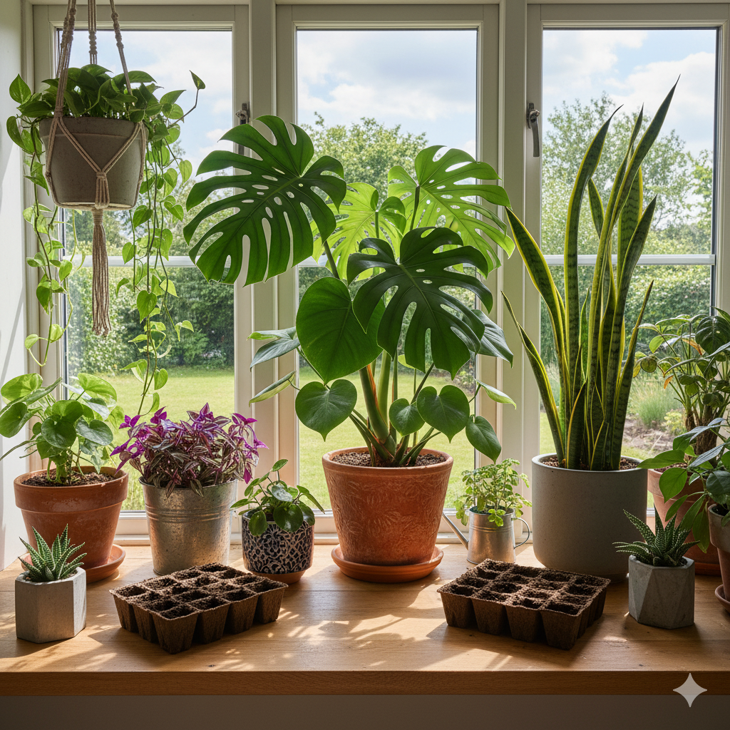 Fensterbrett mit Efeutute, Sansiviera, Monstera und vielen weiteren dekoriert