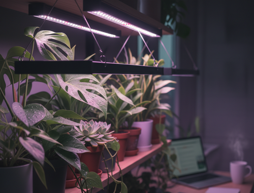 eine Pflanzenlampe, welche verschiedene Zimmerpflanzen beleuchtet