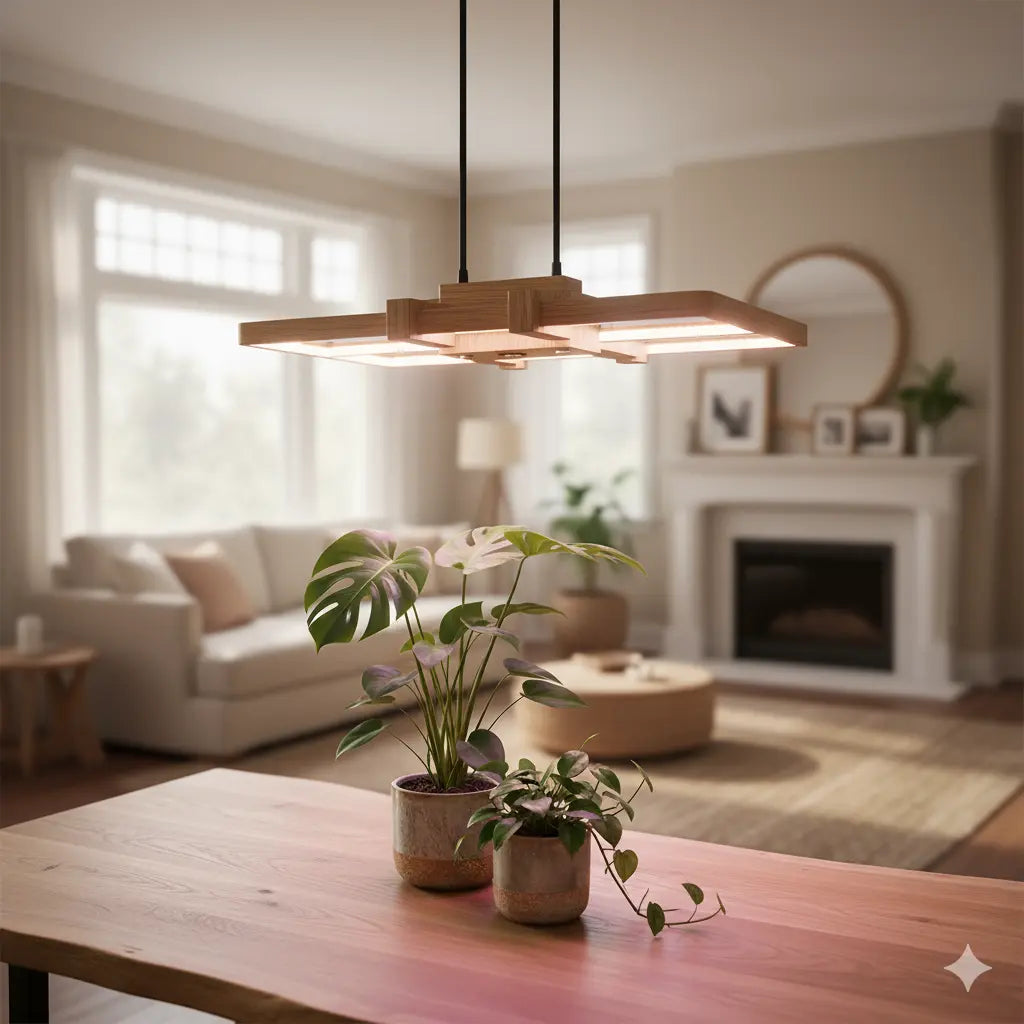 Pflanzen, die auf einem Tisch stehen und von einer Pflanzenlampe angestrahlt werden