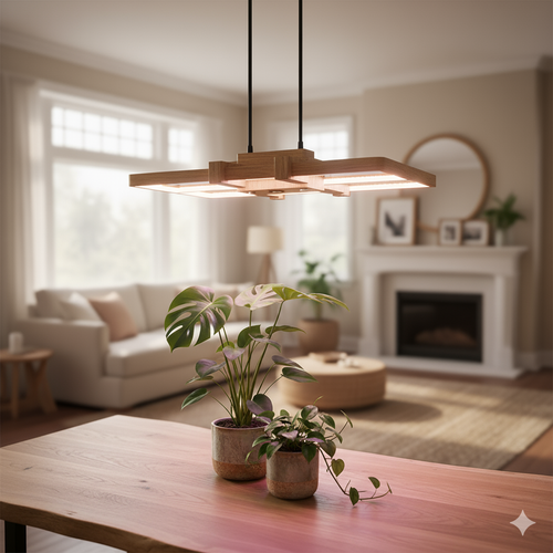 Pflanzen, die auf einem Tisch stehen und von einer Pflanzenlampe angestrahlt werden