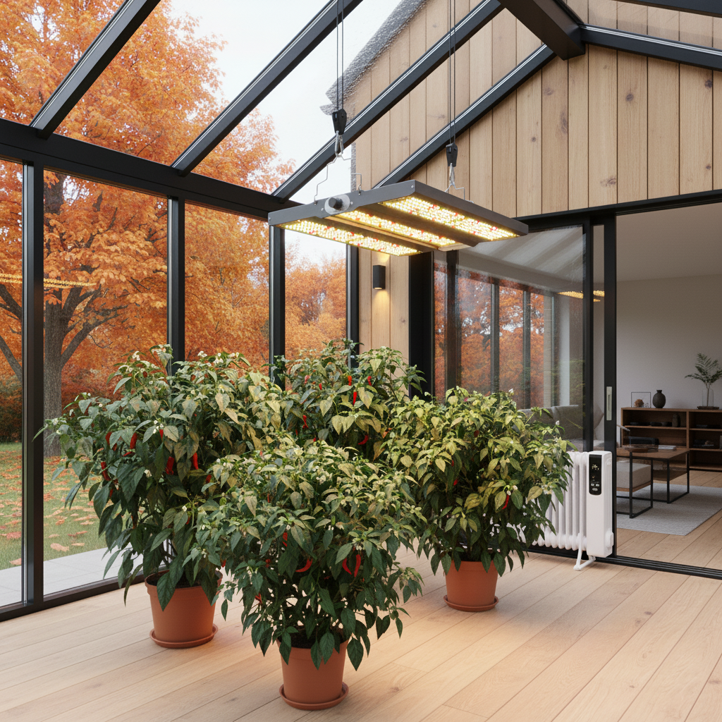 Pflanzenlampe im Wintergarten eines Hauses
