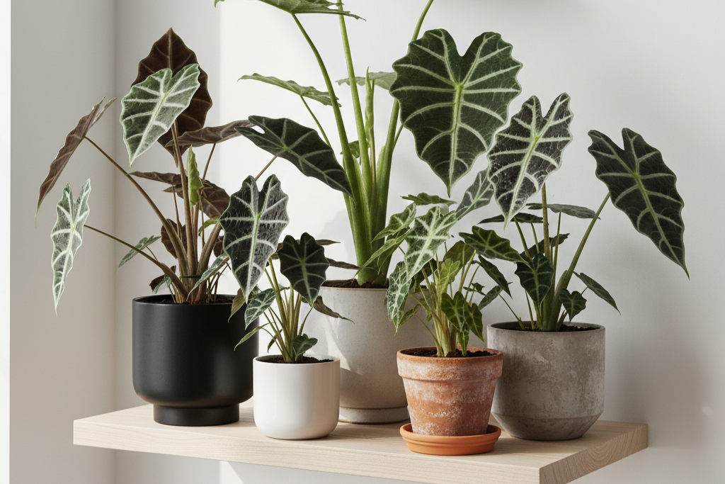 schöne Ansammlung von verschiedenen Alocasien in verschiedenen Größen.