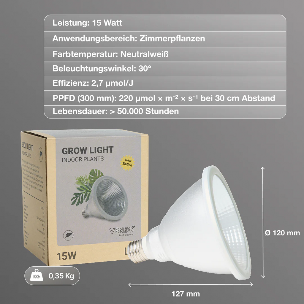 Datenblatt der 15 Watt Version der Zimmerpflanzenlampe von Venso