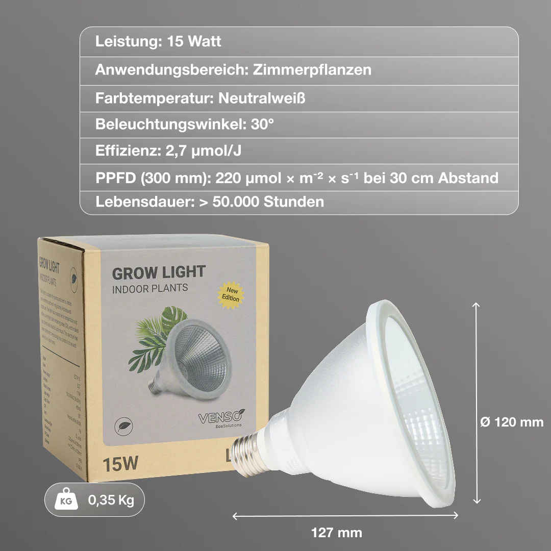 Datenblatt der 15 Watt Version der Zimmerpflanzenlampe von Venso