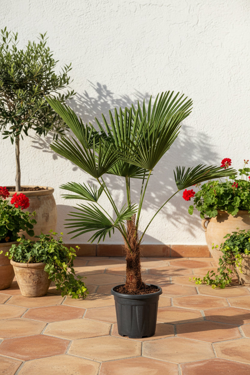 Eine schöne Wagner Hanfpalme auf einer Terasse
